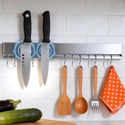Magnetic Knife Holder for Wall, 16 Inch Stainless Steel Magnet Strip with 10 Hooks, No Drill Adhesive Tape & Screws, Kitchen Utensil Organizer, Wall Mounted Knife Storage
