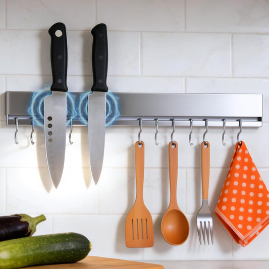 Magnetic Knife Holder for Wall, 16 Inch Stainless Steel Magnet Strip with 10 Hooks, No Drill Adhesive Tape & Screws, Kitchen Utensil Organizer, Wall Mounted Knife Storage