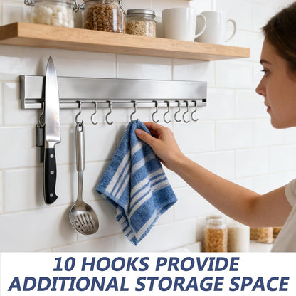 Magnetic Knife Holder for Wall, 16 Inch Stainless Steel Magnet Strip with 10 Hooks, No Drill Adhesive Tape & Screws, Kitchen Utensil Organizer, Wall Mounted Knife Storage