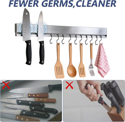 Magnetic Knife Holder for Wall, 16 Inch Stainless Steel Magnet Strip with 10 Hooks, No Drill Adhesive Tape & Screws, Kitchen Utensil Organizer, Wall Mounted Knife Storage