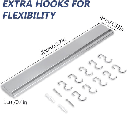 Magnetic Knife Holder for Wall, 16 Inch Stainless Steel Magnet Strip with 10 Hooks, No Drill Adhesive Tape & Screws, Kitchen Utensil Organizer, Wall Mounted Knife Storage