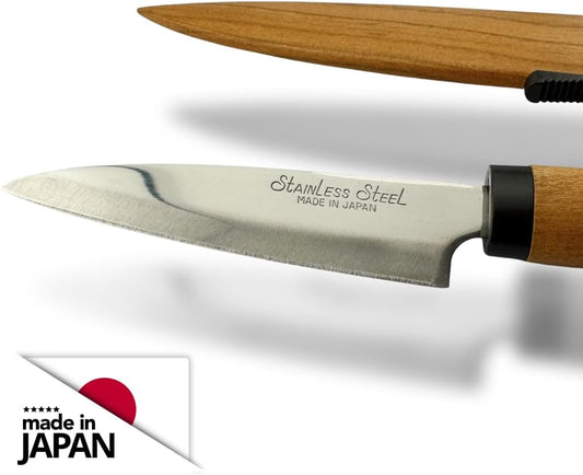 Japanese Paring Knife 4-Inch, High Carbon Stainless Steel Fruit Knife with Wooden Handle and Sheath, Small Utility Kitchen Knife for Peeling, Coring, Mincing, Made in Japan