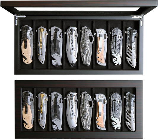Knife Display Case Organizer storage 8 pocket knives, Folding Knife Holder with Real Glass Window Top， Pocket knife collection box for men gift (Ebony Veneer 8 slot)