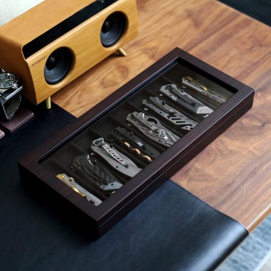 Knife Display Case Organizer storage 8 pocket knives, Folding Knife Holder with Real Glass Window Top， Pocket knife collection box for men gift (Ebony Veneer 8 slot)