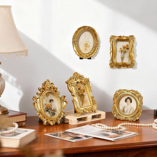 20 Pcs Vintage Mini Gold Frame Small Resin Baroque Picture Frames Antique with Paper Board and PVC Film Retro Photo Ornaments for Home Wedding Wall Display DIY Decoration (Carved Style)
