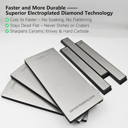 Diamond Sharpening Stone Set, Whetstone Knife Sharpener Kit with Angle Guide & Non-Slip Bases - 3 Large Diamond Plate (240/600/1200 Grit) & 3 Portable Stones (400/1000/3000 Grit) Honing Stone