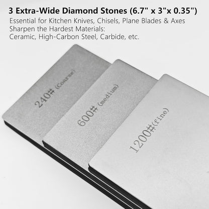 Diamond Sharpening Stone Set, Whetstone Knife Sharpener Kit with Angle Guide & Non-Slip Bases - 3 Large Diamond Plate (240/600/1200 Grit) & 3 Portable Stones (400/1000/3000 Grit) Honing Stone