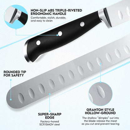 Brisket Knife for Meat Carving and Smoked Meat and Turkey Slicing - Stainless Steel, Granton Edge, 11 Inch Blade, BBQ Competition Chef Series