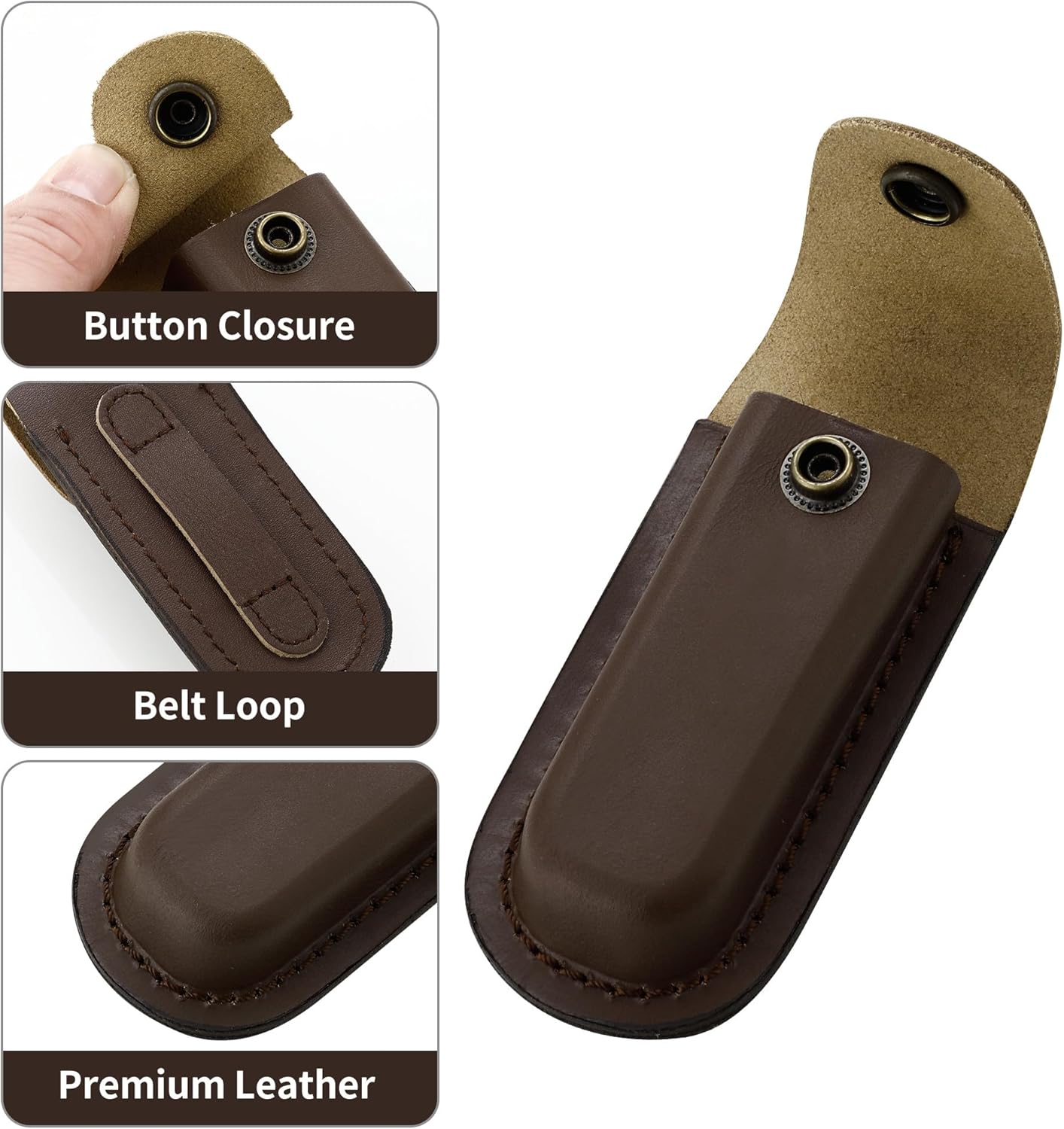 Leather Pocket Knife Sheath, 4'' Pocket Knife Pouch, Folding Knife Belt Sheath with Snap Closure and Vertical Carry Belt Loop, Knife Holster for Outdoor or Daily Use, Medium Size, Brown