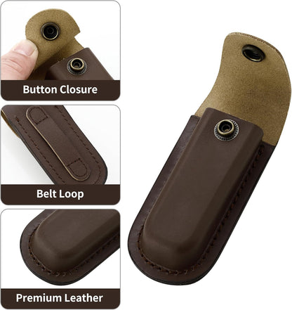 Leather Pocket Knife Sheath, 4'' Pocket Knife Pouch, Folding Knife Belt Sheath with Snap Closure and Vertical Carry Belt Loop, Knife Holster for Outdoor or Daily Use, Medium Size, Brown