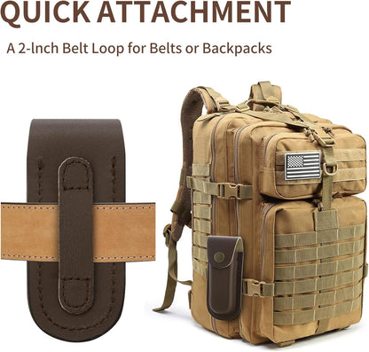 Leather Pocket Knife Sheath, 4'' Pocket Knife Pouch, Folding Knife Belt Sheath with Snap Closure and Vertical Carry Belt Loop, Knife Holster for Outdoor or Daily Use, Medium Size, Brown