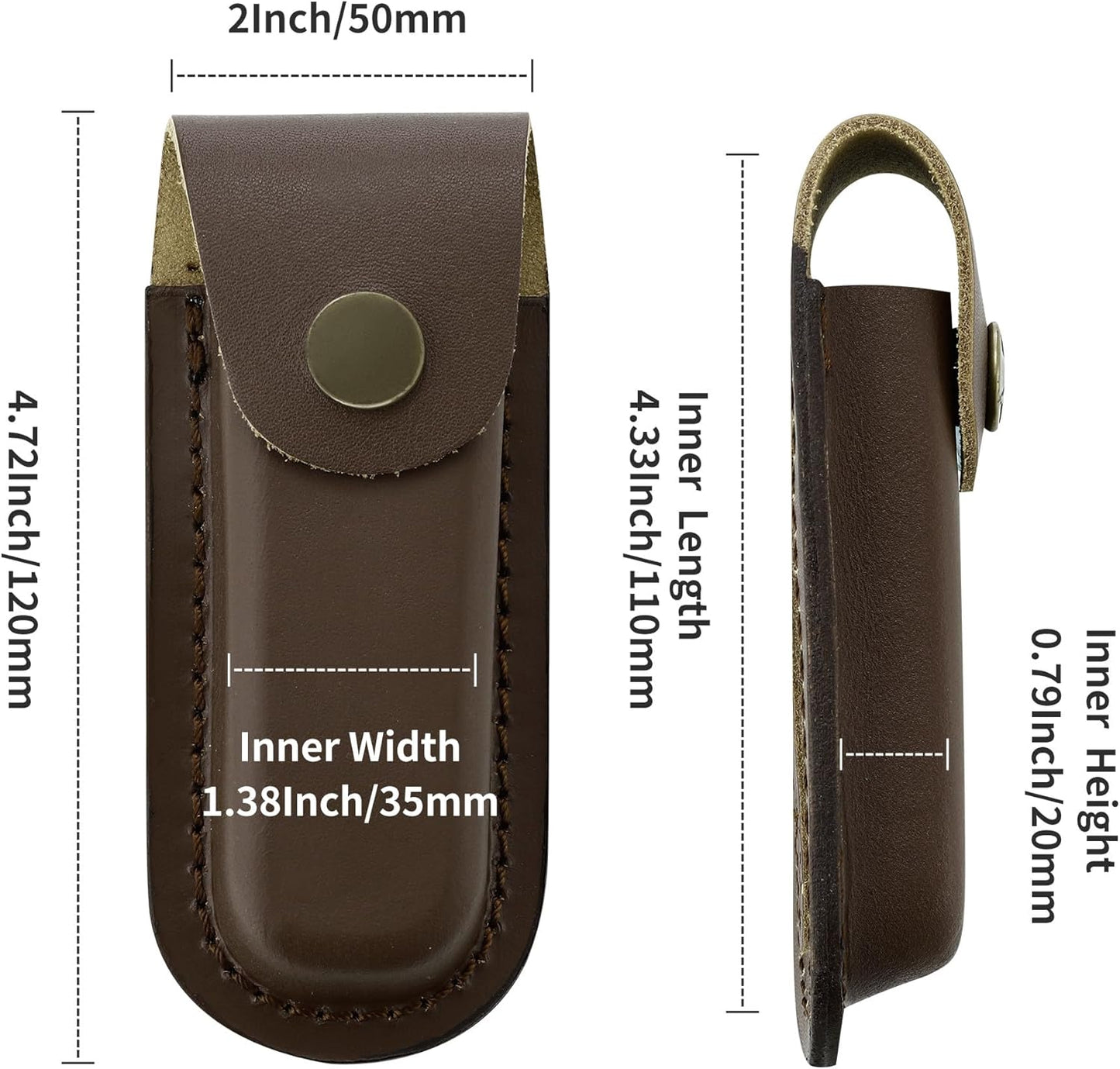 Leather Pocket Knife Sheath, 4'' Pocket Knife Pouch, Folding Knife Belt Sheath with Snap Closure and Vertical Carry Belt Loop, Knife Holster for Outdoor or Daily Use, Medium Size, Brown