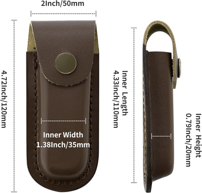 Leather Pocket Knife Sheath, 4'' Pocket Knife Pouch, Folding Knife Belt Sheath with Snap Closure and Vertical Carry Belt Loop, Knife Holster for Outdoor or Daily Use, Medium Size, Brown