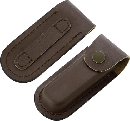 Leather Pocket Knife Sheath, 4'' Pocket Knife Pouch, Folding Knife Belt Sheath with Snap Closure and Vertical Carry Belt Loop, Knife Holster for Outdoor or Daily Use, Medium Size, Brown