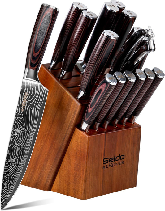 17-Piece Master Chef Knife Block Set – Damascus Steel & Acacia Wood Block | Damascus steel kitchen knives with matching storage block for complete home chef prep
