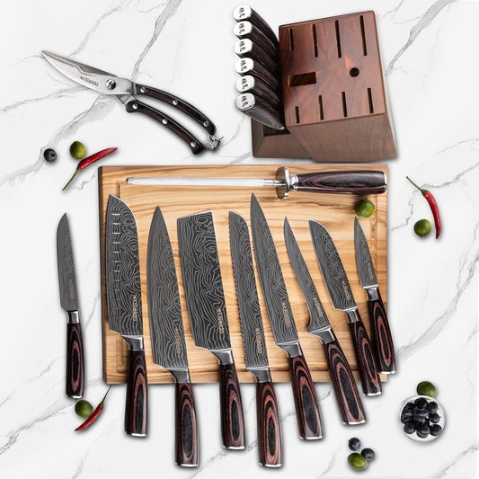 17-Piece Master Chef Knife Block Set – Damascus Steel & Acacia Wood Block | Damascus steel kitchen knives with matching storage block for complete home chef prep