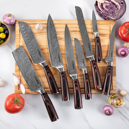 17-Piece Master Chef Knife Block Set – Damascus Steel & Acacia Wood Block | Damascus steel kitchen knives with matching storage block for complete home chef prep