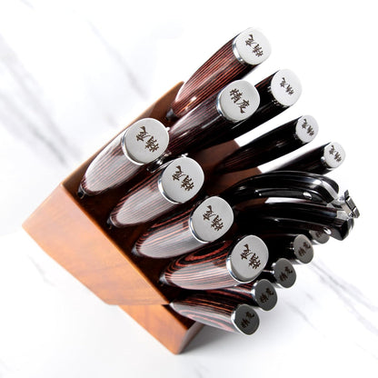 17-Piece Master Chef Knife Block Set – Damascus Steel & Acacia Wood Block | Damascus steel kitchen knives with matching storage block for complete home chef prep