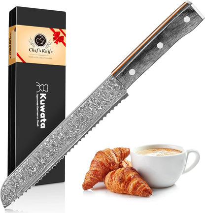 Kuwata Bread Knife, Multifunction Serrated Knife, VG10 Damascus Steel Bread Cutting Knife for Homemade Bread, Razor Sharp Edge for Efficient Slicing Sourdough Bread, Bagels, Cake