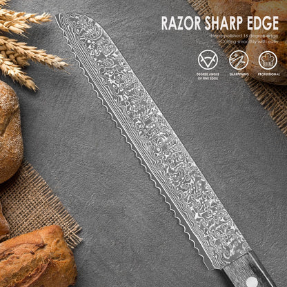 Kuwata Bread Knife, Multifunction Serrated Knife, VG10 Damascus Steel Bread Cutting Knife for Homemade Bread, Razor Sharp Edge for Efficient Slicing Sourdough Bread, Bagels, Cake