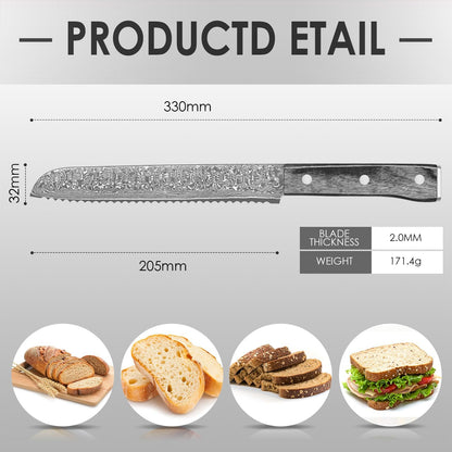 Kuwata Bread Knife, Multifunction Serrated Knife, VG10 Damascus Steel Bread Cutting Knife for Homemade Bread, Razor Sharp Edge for Efficient Slicing Sourdough Bread, Bagels, Cake