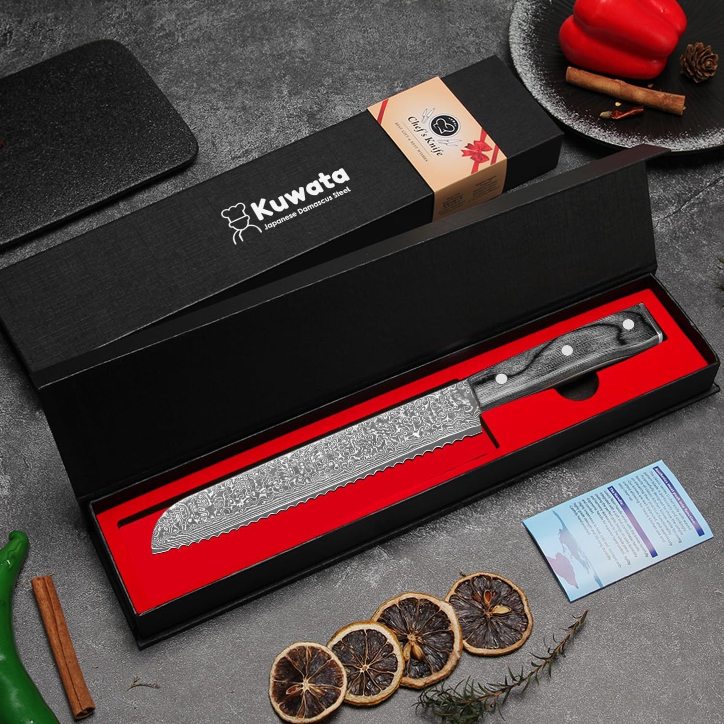 Kuwata Bread Knife, Multifunction Serrated Knife, VG10 Damascus Steel Bread Cutting Knife for Homemade Bread, Razor Sharp Edge for Efficient Slicing Sourdough Bread, Bagels, Cake