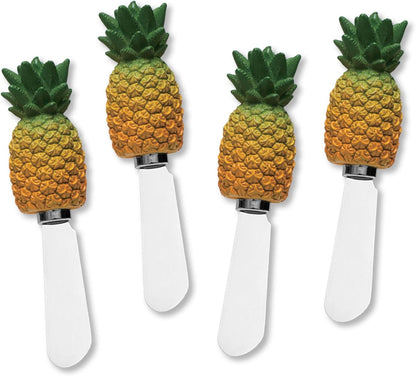 Pineapple Cheese Spreaders, Hand-Painted Resin Handles with Stainless Steel Blades for Spreading Cream Cheese, Butter, Jam, or Sandwich, Set of 4