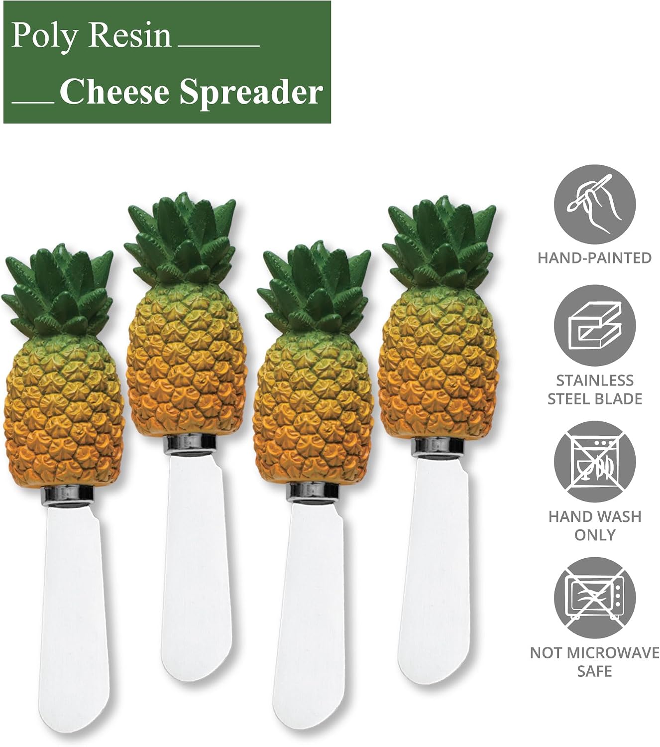 Pineapple Cheese Spreaders, Hand-Painted Resin Handles with Stainless Steel Blades for Spreading Cream Cheese, Butter, Jam, or Sandwich, Set of 4