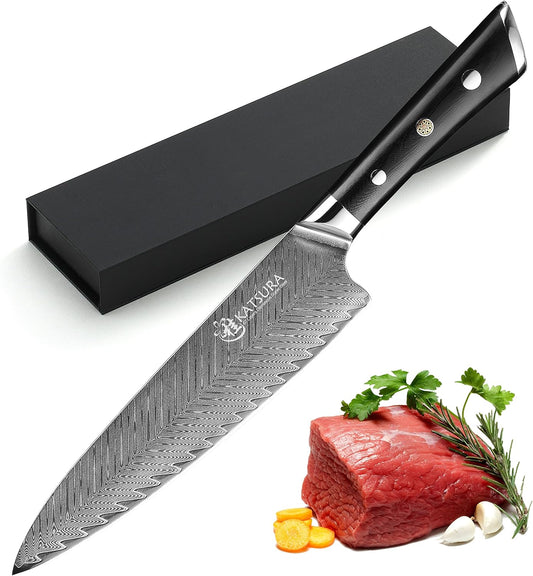 KATSURA Gyuto Chef Knife – 8 Inch – 50mm Ultra wide blade – Japanese Premium AUS 10, 67 Layers Damascus Steel Knife – Thunder-X Series – Chefs Choice G10 handle