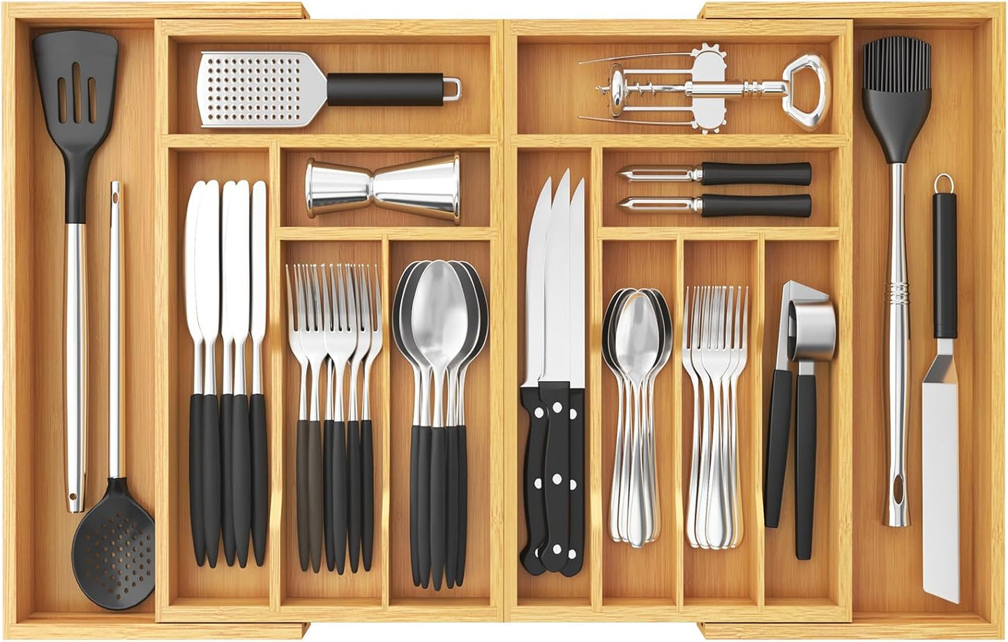 Large Silverware Drawer Organizer, Expandable 21.4 to 36 Inches Wide, Bamboo Utensil Tray for Kitchen, Adjustable Flatware and Cutlery Holder for Spoons Forks Knives, 13 Compartments, Natural