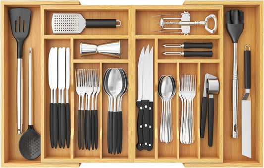 Large Silverware Drawer Organizer, Expandable 21.4 to 36 Inches Wide, Bamboo Utensil Tray for Kitchen, Adjustable Flatware and Cutlery Holder for Spoons Forks Knives, 13 Compartments, Natural