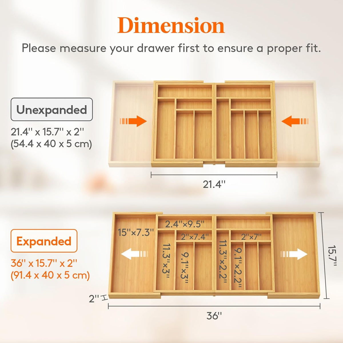 Large Silverware Drawer Organizer, Expandable 21.4 to 36 Inches Wide, Bamboo Utensil Tray for Kitchen, Adjustable Flatware and Cutlery Holder for Spoons Forks Knives, 13 Compartments, Natural