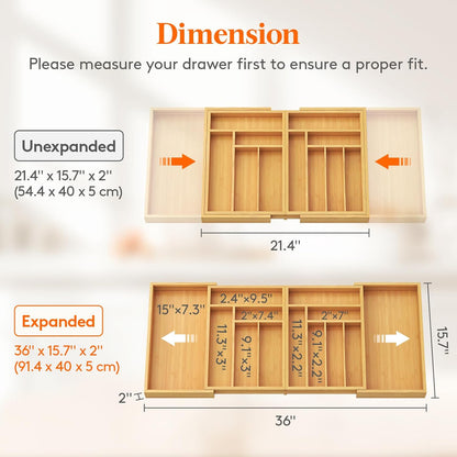 Large Silverware Drawer Organizer, Expandable 21.4 to 36 Inches Wide, Bamboo Utensil Tray for Kitchen, Adjustable Flatware and Cutlery Holder for Spoons Forks Knives, 13 Compartments, Natural