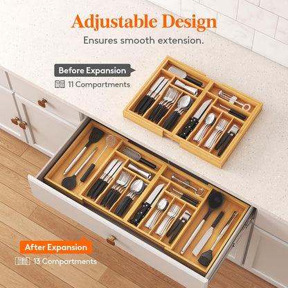 Large Silverware Drawer Organizer, Expandable 21.4 to 36 Inches Wide, Bamboo Utensil Tray for Kitchen, Adjustable Flatware and Cutlery Holder for Spoons Forks Knives, 13 Compartments, Natural
