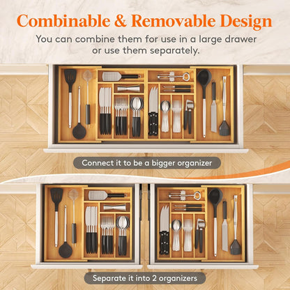 Large Silverware Drawer Organizer, Expandable 21.4 to 36 Inches Wide, Bamboo Utensil Tray for Kitchen, Adjustable Flatware and Cutlery Holder for Spoons Forks Knives, 13 Compartments, Natural