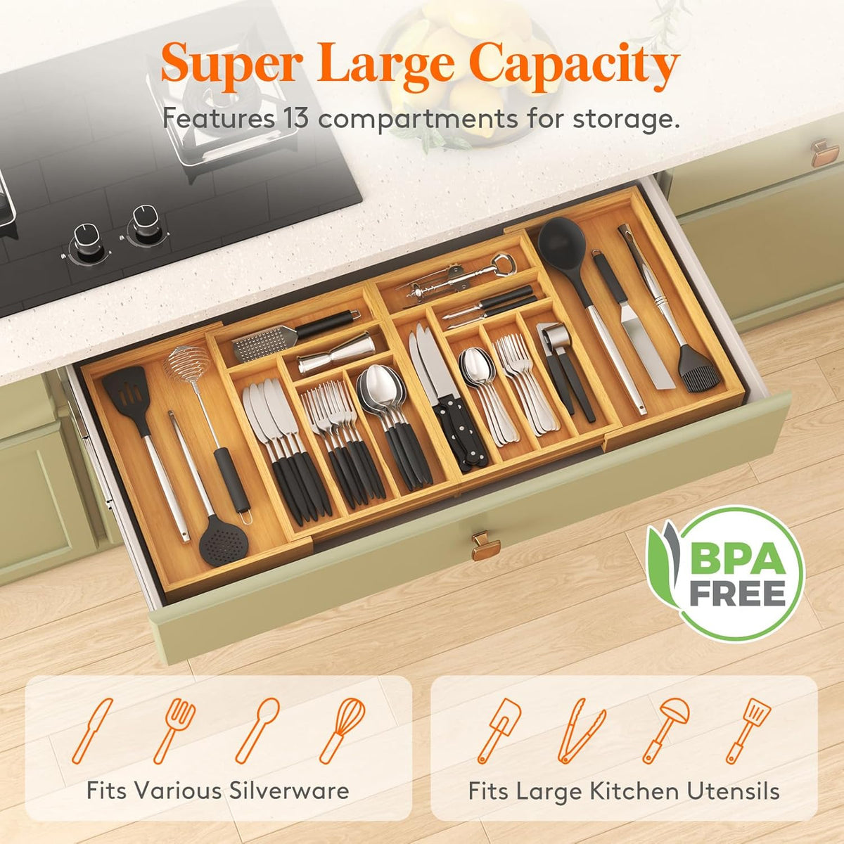Large Silverware Drawer Organizer, Expandable 21.4 to 36 Inches Wide, Bamboo Utensil Tray for Kitchen, Adjustable Flatware and Cutlery Holder for Spoons Forks Knives, 13 Compartments, Natural