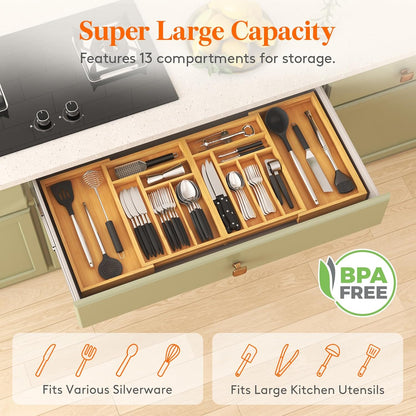 Large Silverware Drawer Organizer, Expandable 21.4 to 36 Inches Wide, Bamboo Utensil Tray for Kitchen, Adjustable Flatware and Cutlery Holder for Spoons Forks Knives, 13 Compartments, Natural