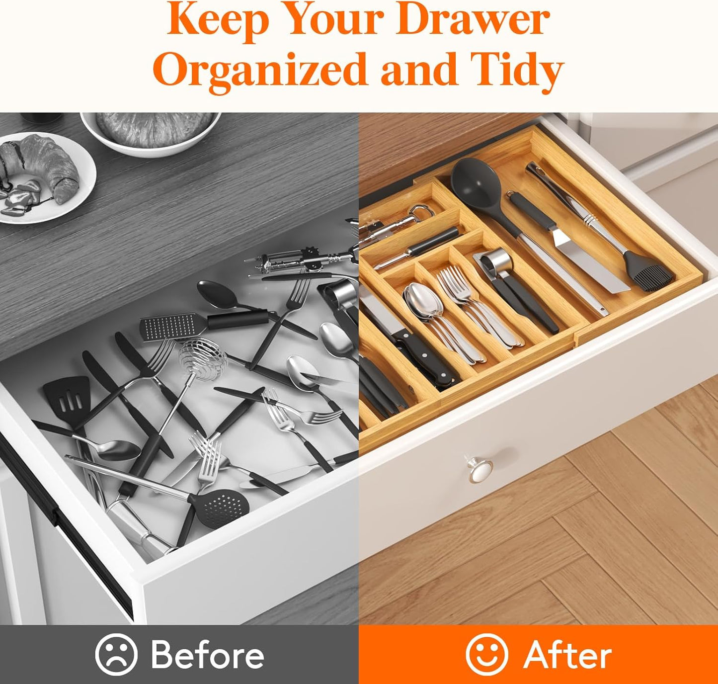 Large Silverware Drawer Organizer, Expandable 21.4 to 36 Inches Wide, Bamboo Utensil Tray for Kitchen, Adjustable Flatware and Cutlery Holder for Spoons Forks Knives, 13 Compartments, Natural