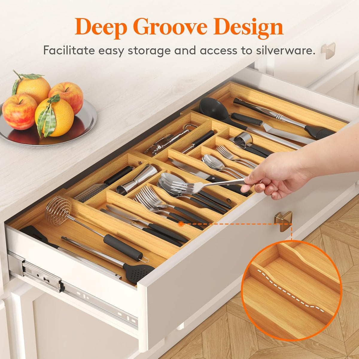 Large Silverware Drawer Organizer, Expandable 21.4 to 36 Inches Wide, Bamboo Utensil Tray for Kitchen, Adjustable Flatware and Cutlery Holder for Spoons Forks Knives, 13 Compartments, Natural