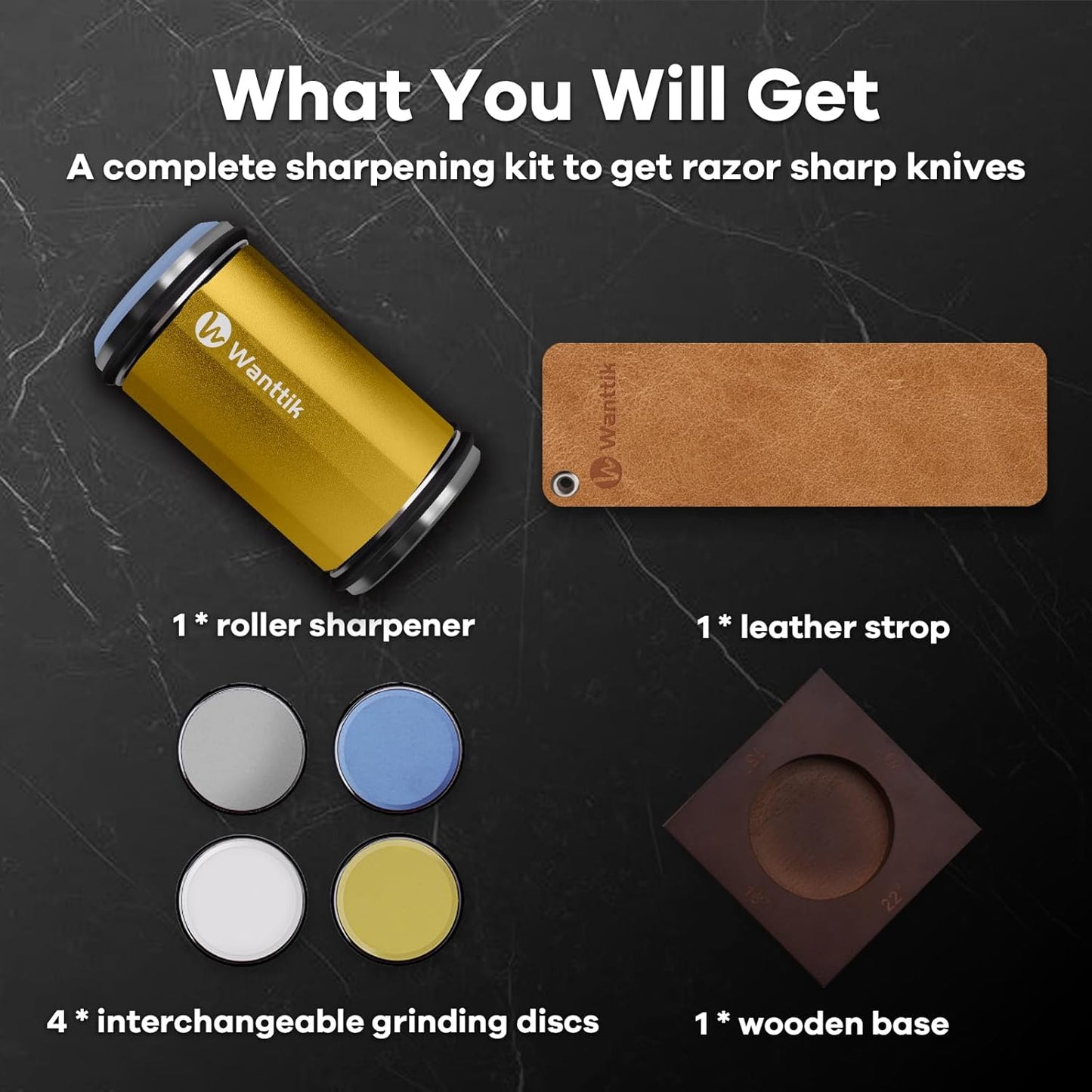Rolling Knife Sharpener Kit, Upgraded Roller Knife Sharpener with Leather Strop for Kitchen Knives, 4-Disc Rolling Stone Sharpener with 15&18&20&22 Degree Sharpening, Gold