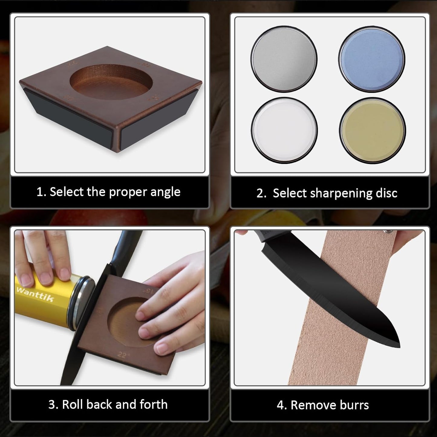 Rolling Knife Sharpener Kit, Upgraded Roller Knife Sharpener with Leather Strop for Kitchen Knives, 4-Disc Rolling Stone Sharpener with 15&18&20&22 Degree Sharpening, Gold