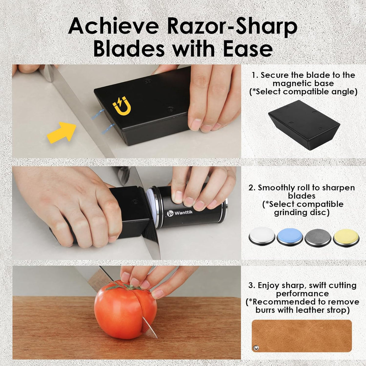 Rolling Knife Sharpener Kit, Upgraded Roller Knife Sharpener with Leather Strop for Kitchen Knives, 4-Disc Rolling Stone Sharpener with 15&18&20&22 Degree Sharpening, Gold