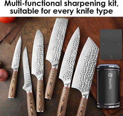 Rolling Knife Sharpener Kit, Upgraded Roller Knife Sharpener with Leather Strop for Kitchen Knives, 4-Disc Rolling Stone Sharpener with 15&18&20&22 Degree Sharpening, Gold