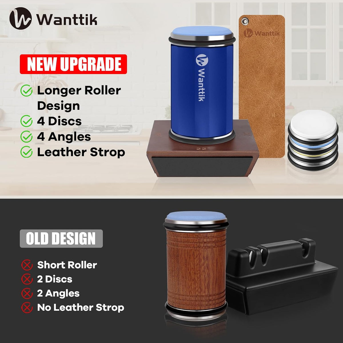 Rolling Knife Sharpener Kit, Upgraded Roller Knife Sharpener with Leather Strop for Kitchen Knives, 4-Disc Rolling Stone Sharpener with 15&18&20&22 Degree Sharpening, Gold
