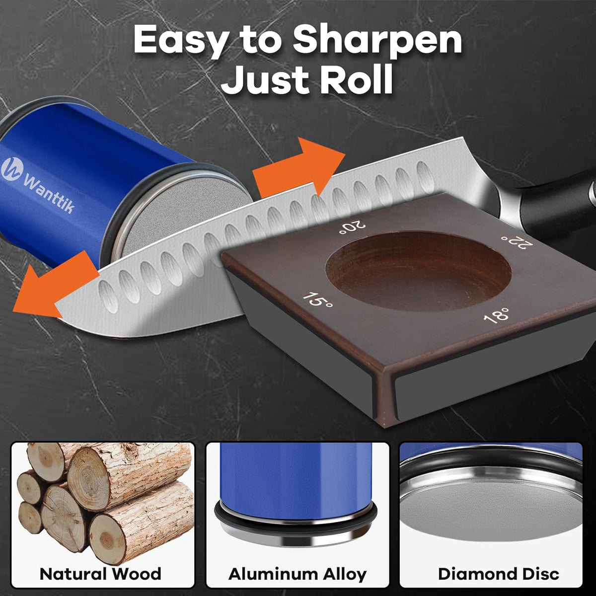 Rolling Knife Sharpener Kit, Upgraded Roller Knife Sharpener with Leather Strop for Kitchen Knives, 4-Disc Rolling Stone Sharpener with 15&18&20&22 Degree Sharpening, Gold