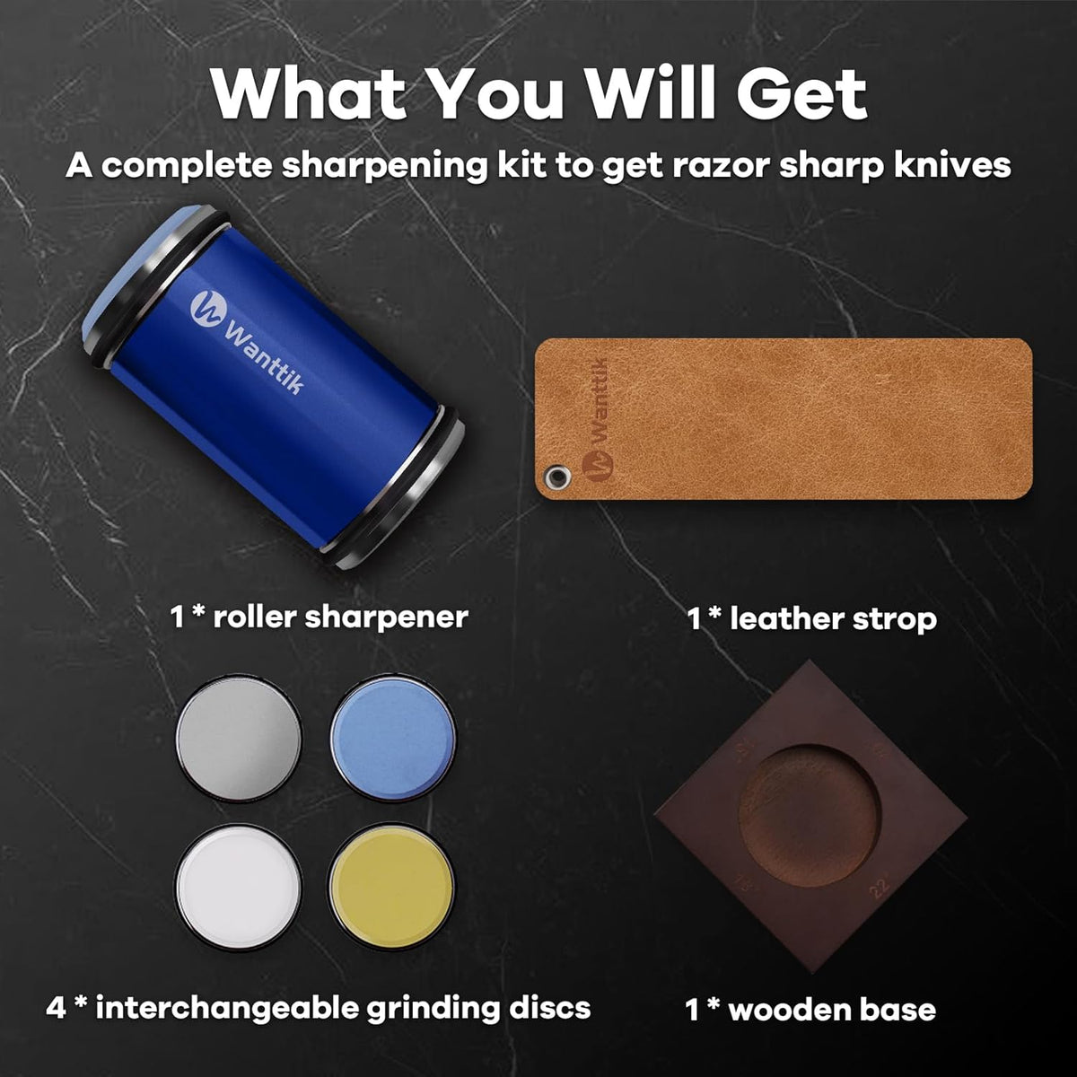 Rolling Knife Sharpener Kit, Upgraded Roller Knife Sharpener with Leather Strop for Kitchen Knives, 4-Disc Rolling Stone Sharpener with 15&18&20&22 Degree Sharpening, Gold