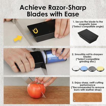 Rolling Knife Sharpener Kit, Upgraded Roller Knife Sharpener with Leather Strop for Kitchen Knives, 4-Disc Rolling Stone Sharpener with 15&18&20&22 Degree Sharpening, Gold
