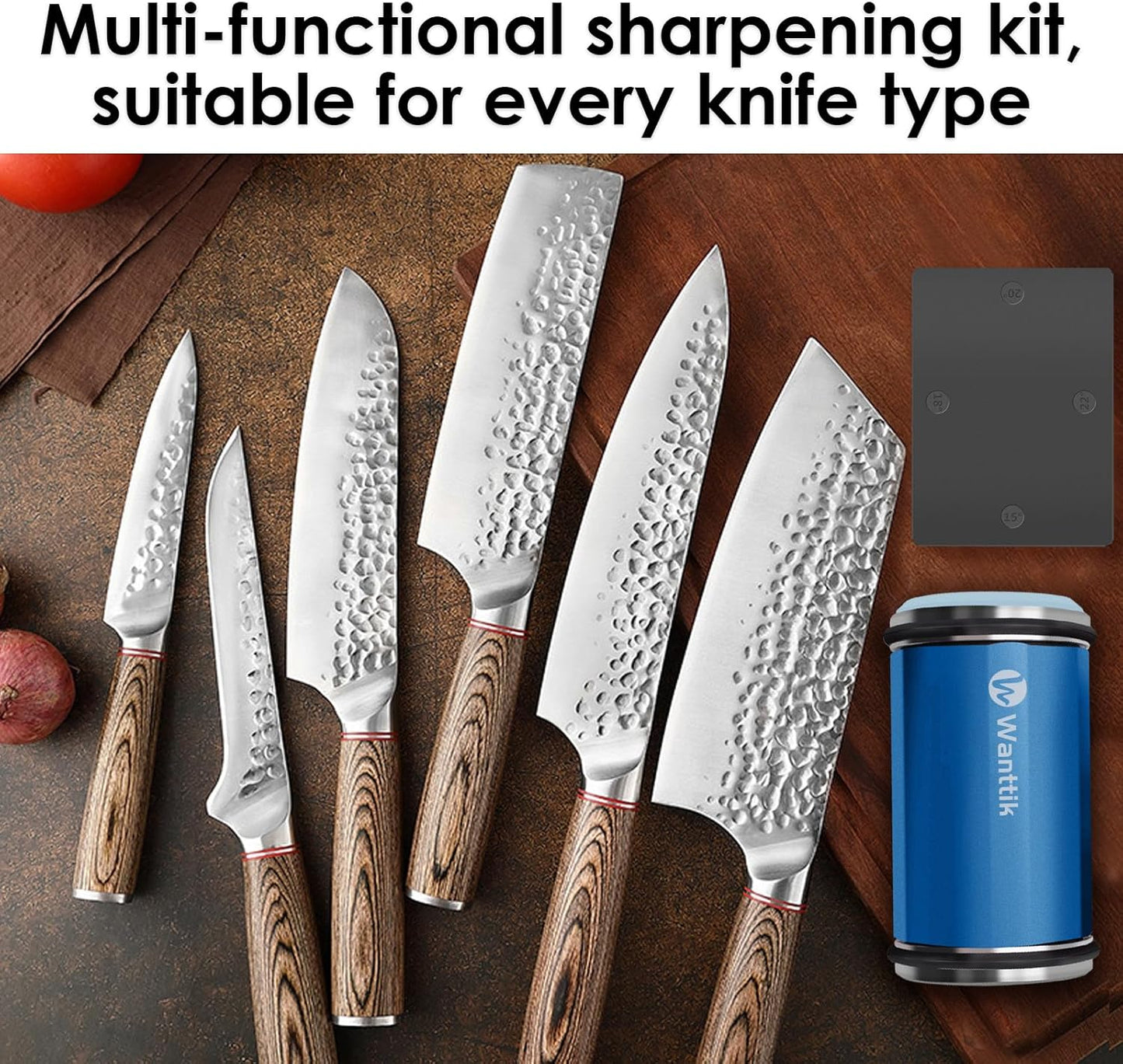 Rolling Knife Sharpener Kit, Upgraded Roller Knife Sharpener with Leather Strop for Kitchen Knives, 4-Disc Rolling Stone Sharpener with 15&18&20&22 Degree Sharpening, Gold