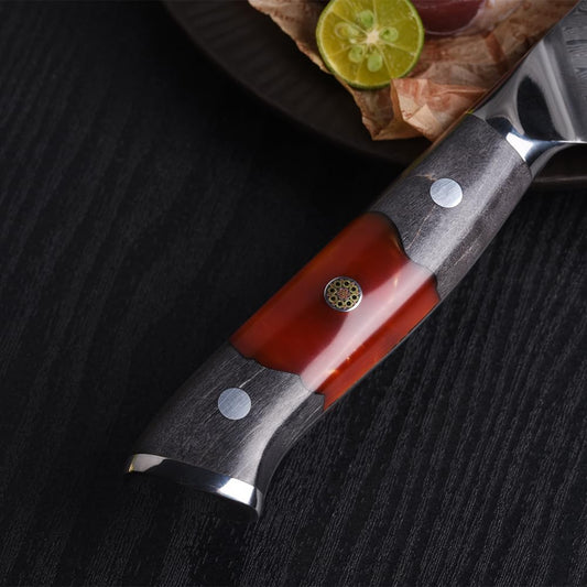 Seido Inferuno 8-Inch AUS-10 Damascus Gyuto Chef Knife | High-carbon stainless Damascus blade with maple wood handle for precise slicing, chopping and daily chef prep.