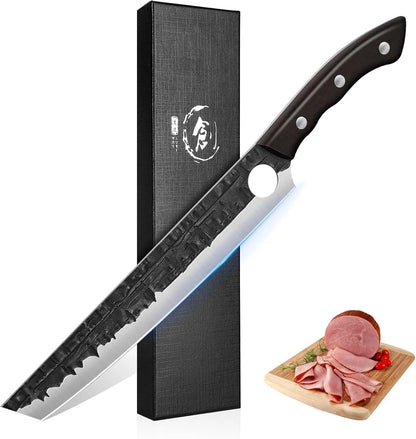 Brisket Carving BBQ Knife - Meat Slicing Trimming | Hand Forged Full Tang Slicer Knives for Meat Cutting Turkey Ham, Gifts for Men Women 9.4"